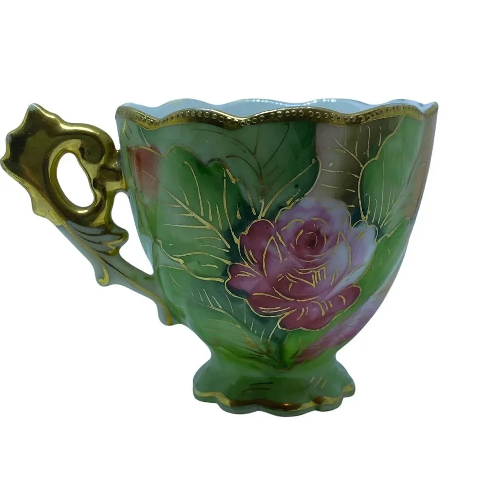 Vtg Chubu China Tea Cup Occupied Japan Gold Trim Footed Rose Floral‎ Demitasse